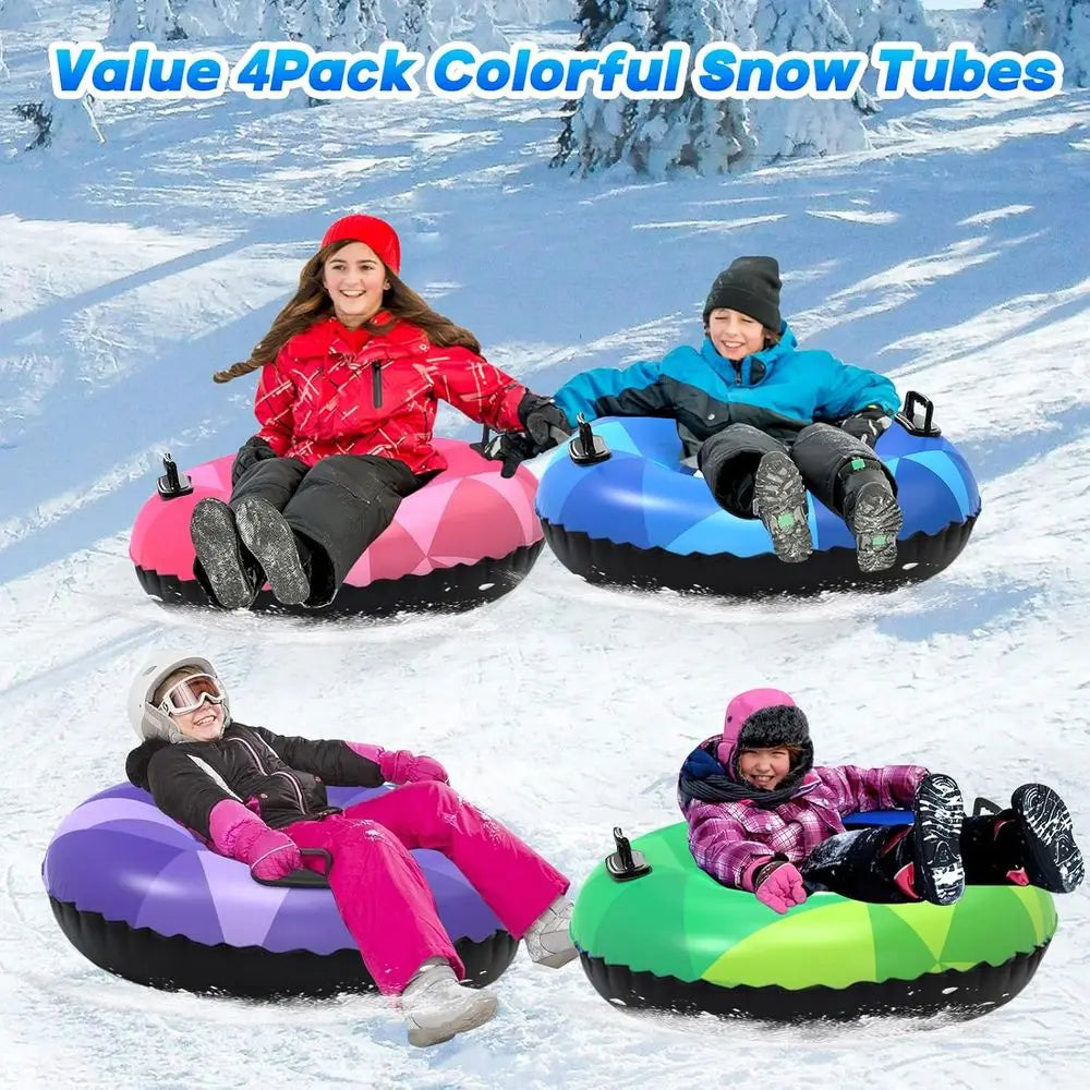 Inflatable Snow Tubes for Kids & Adults - Heavy-Duty Sleds with Handles for Winter Fun & Family Activities