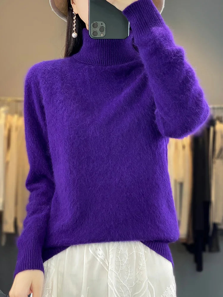 Basic Autumn Winter 100% Mink Cashmere Women Sweater Basic Bottoming Female Pullover Long Sleeve  Turn Down CollarKnitwear Tops