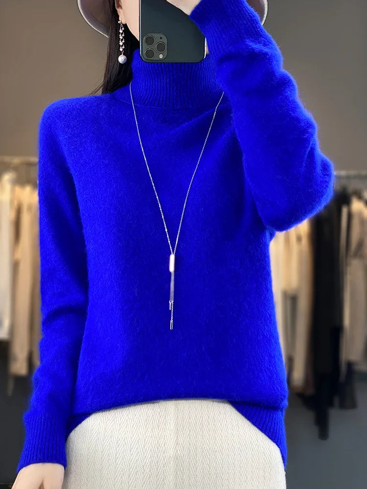 Basic Autumn Winter 100% Mink Cashmere Women Sweater Basic Bottoming Female Pullover Long Sleeve  Turn Down CollarKnitwear Tops