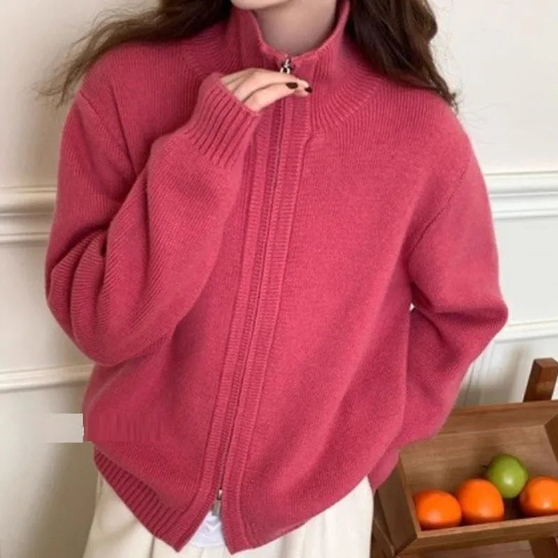 Fashion Double-zip Stand Collar Sweater Coat Women Solid Color Casual Knitted Cardigan Woman Korean Style Autumn Winter Sweater