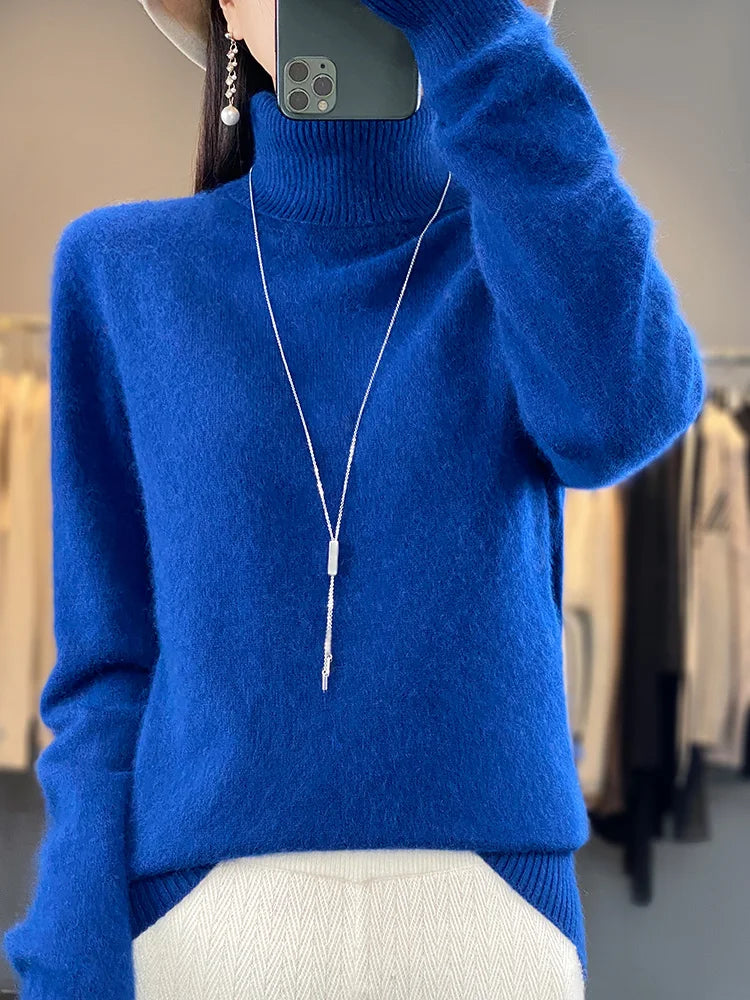Basic Autumn Winter 100% Mink Cashmere Women Sweater Basic Bottoming Female Pullover Long Sleeve  Turn Down CollarKnitwear Tops