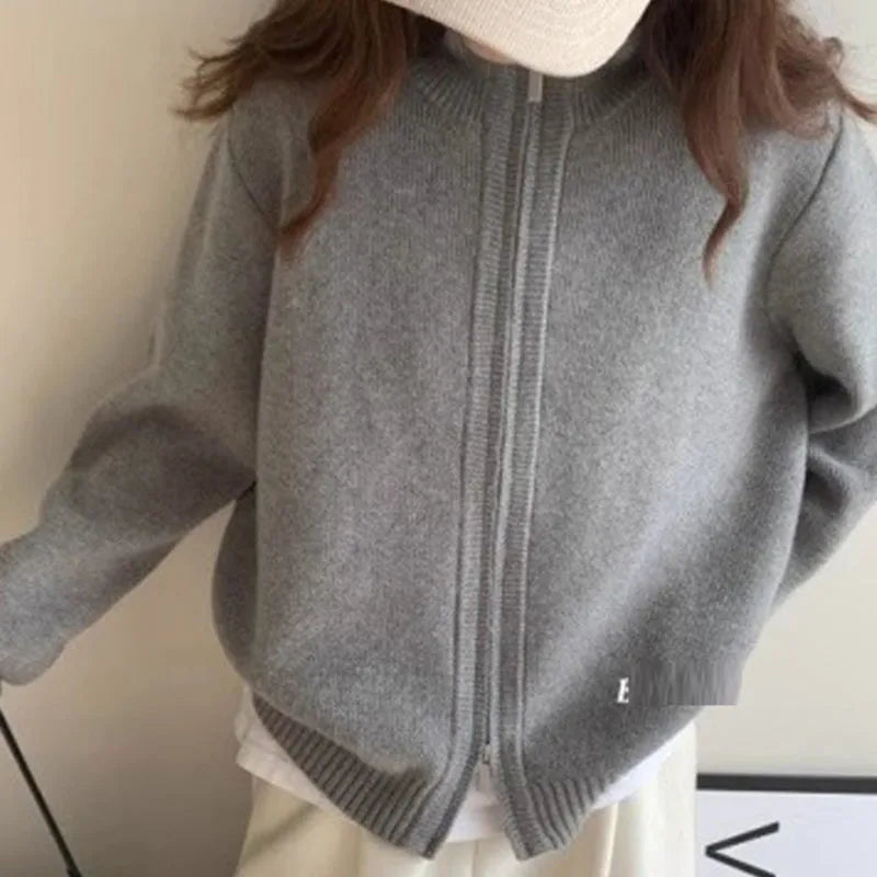 Fashion Double-zip Stand Collar Sweater Coat Women Solid Color Casual Knitted Cardigan Woman Korean Style Autumn Winter Sweater
