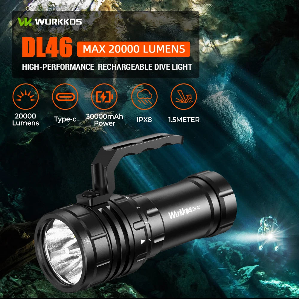 Wurkkos DL46 Professional Scuba Diving Flashlight IPX8 46950 Battery Super Bright 20000LM USB Reverse Charge 6 * XHP50.2