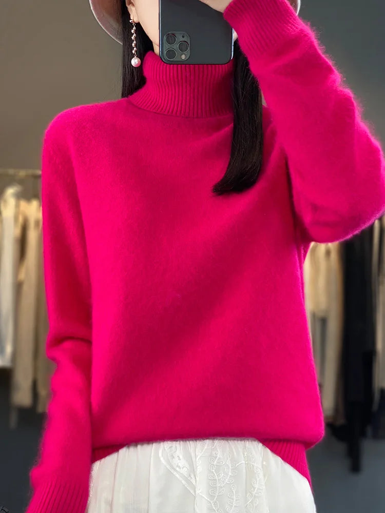 Basic Autumn Winter 100% Mink Cashmere Women Sweater Basic Bottoming Female Pullover Long Sleeve  Turn Down CollarKnitwear Tops