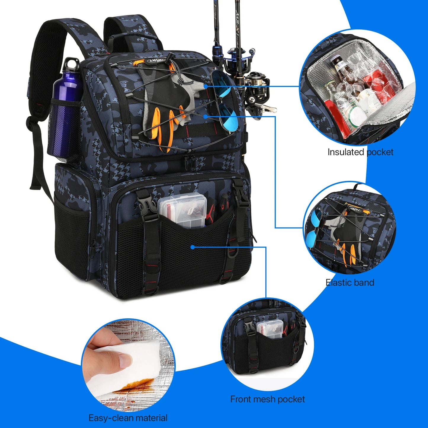 Fishing Backpack 45L Cooler Fishing Tackle Storage Bag with Rod Holders & Rain Cover Camping Hiking Outdoor Multifunctional Bag
