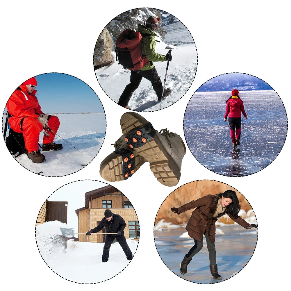 1-10Pair 5-Stud Anti Slip Crampons Snow Claw Shoe Covers Chain Spikes for Winter Walking Hiking Climbing Mountaineering Sports