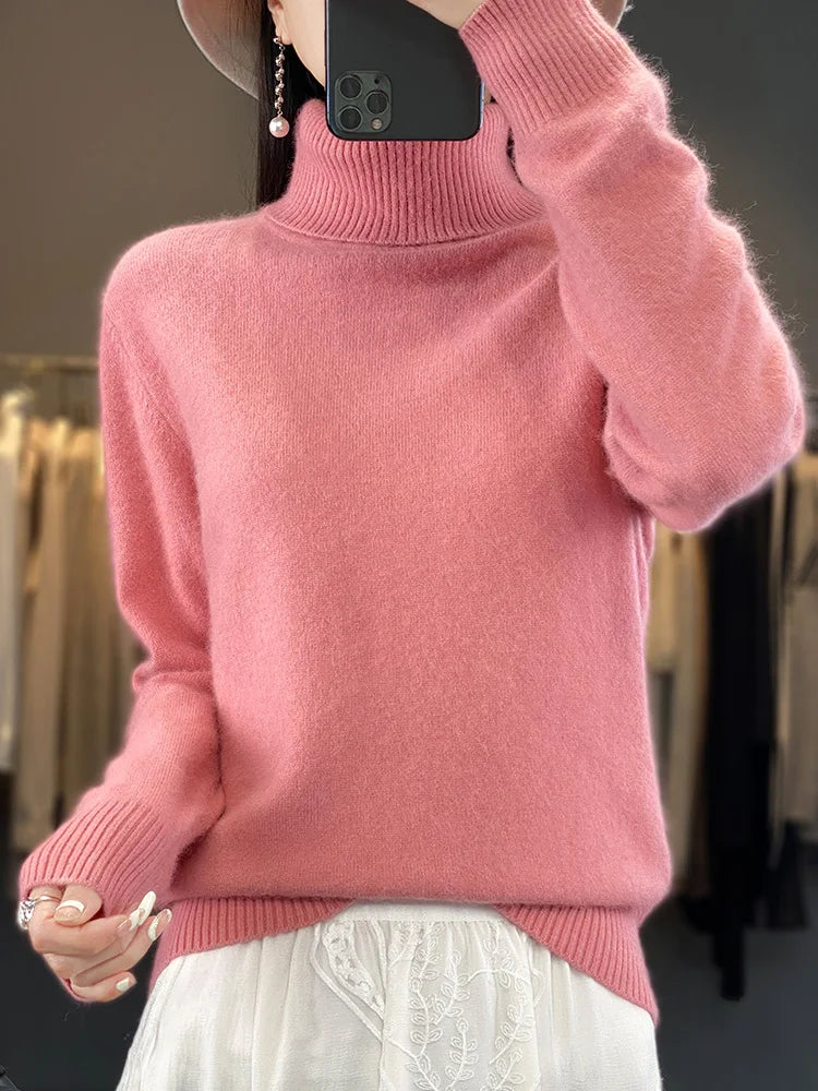 Basic Autumn Winter 100% Mink Cashmere Women Sweater Basic Bottoming Female Pullover Long Sleeve  Turn Down CollarKnitwear Tops