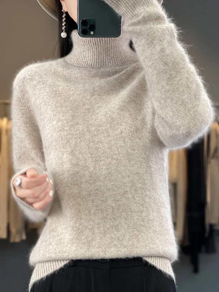 Basic Autumn Winter 100% Mink Cashmere Women Sweater Basic Bottoming Female Pullover Long Sleeve  Turn Down CollarKnitwear Tops