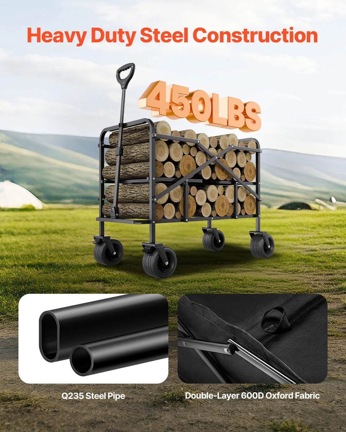 VEVOR Double Decker Wagon Collapsible 300L & 450lbs Heavy Duty Extended Long Garden Cart with All-Terrain Wheels for Camping