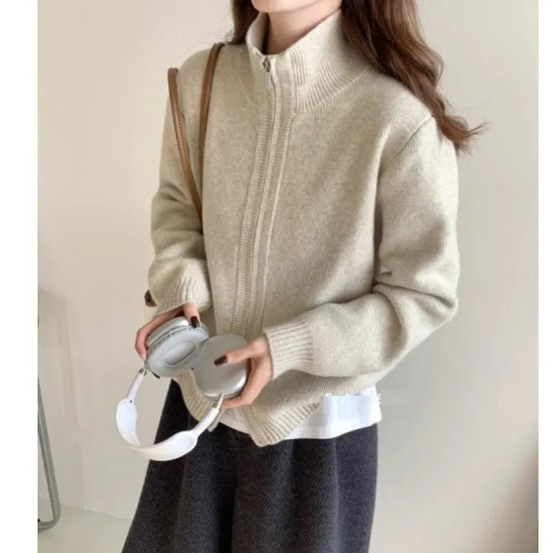 Fashion Double-zip Stand Collar Sweater Coat Women Solid Color Casual Knitted Cardigan Woman Korean Style Autumn Winter Sweater