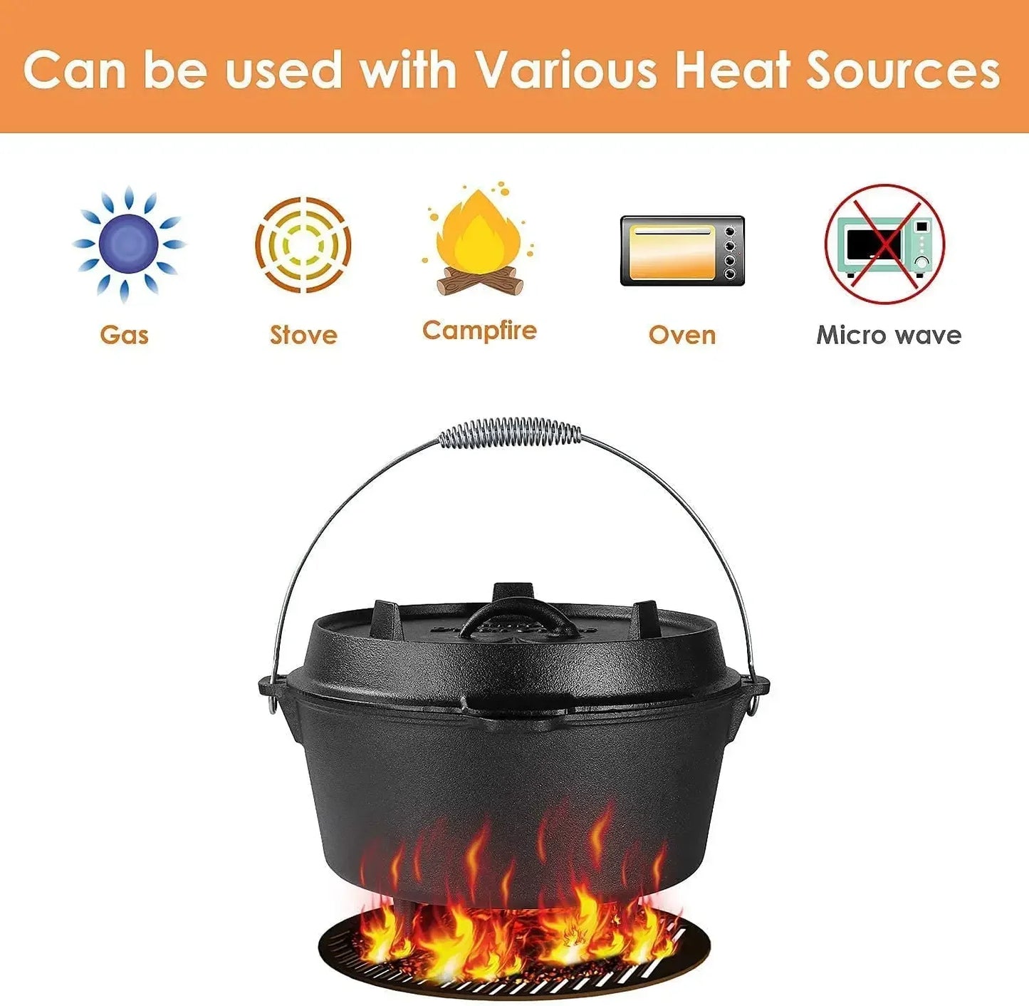6 Quart Cast Iron Dutch Oven Camping Pot Outdoor Portable Multi-function Cookware Stew Barbecue Soup Picnic Pot
