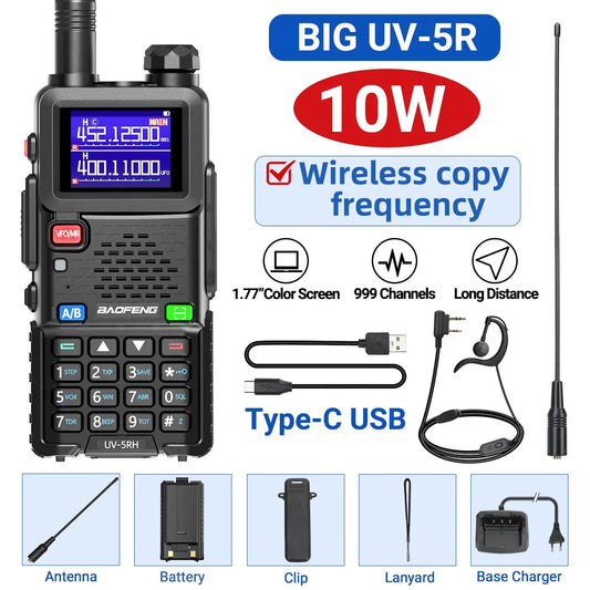 Baofeng UV 5RH 10W Full Bands Walkie Talkie Wirless Copy Frequency Type-C Charger Upgraded UV 5R Transceiver Ham Two Way Radio