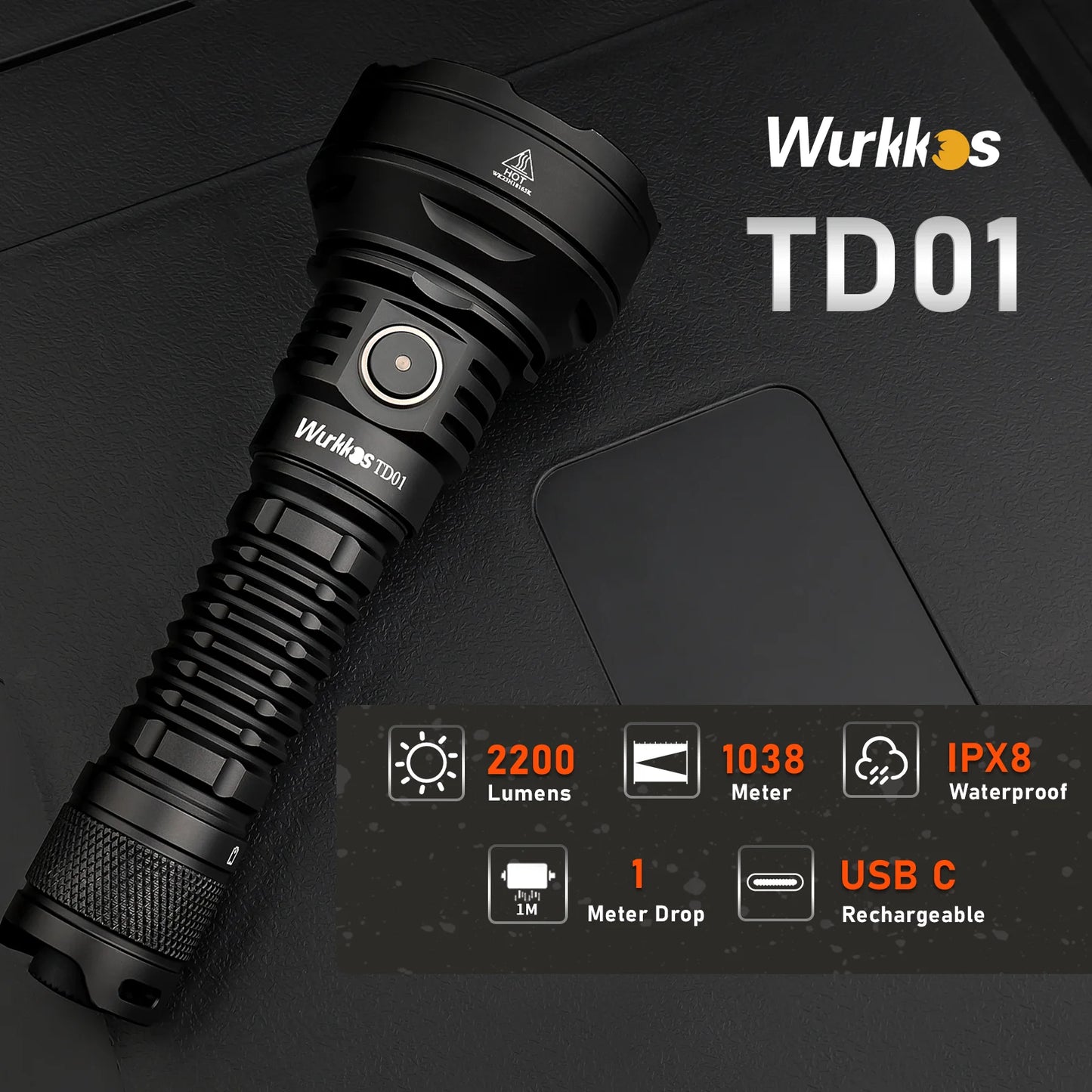 Wurkkos TD01 21700 Tactical Torch 2200LM High Power Rechargeable Flashlight IPX8 LED Torch 1039 Meters Self Defense Lighting