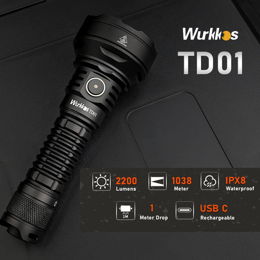 Wurkkos TD01 21700 Tactical Torch 2200LM High Power Rechargeable Flashlight IPX8 LED Torch 1039 Meters Self Defense Lighting