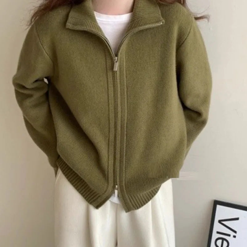 Fashion Double-zip Stand Collar Sweater Coat Women Solid Color Casual Knitted Cardigan Woman Korean Style Autumn Winter Sweater