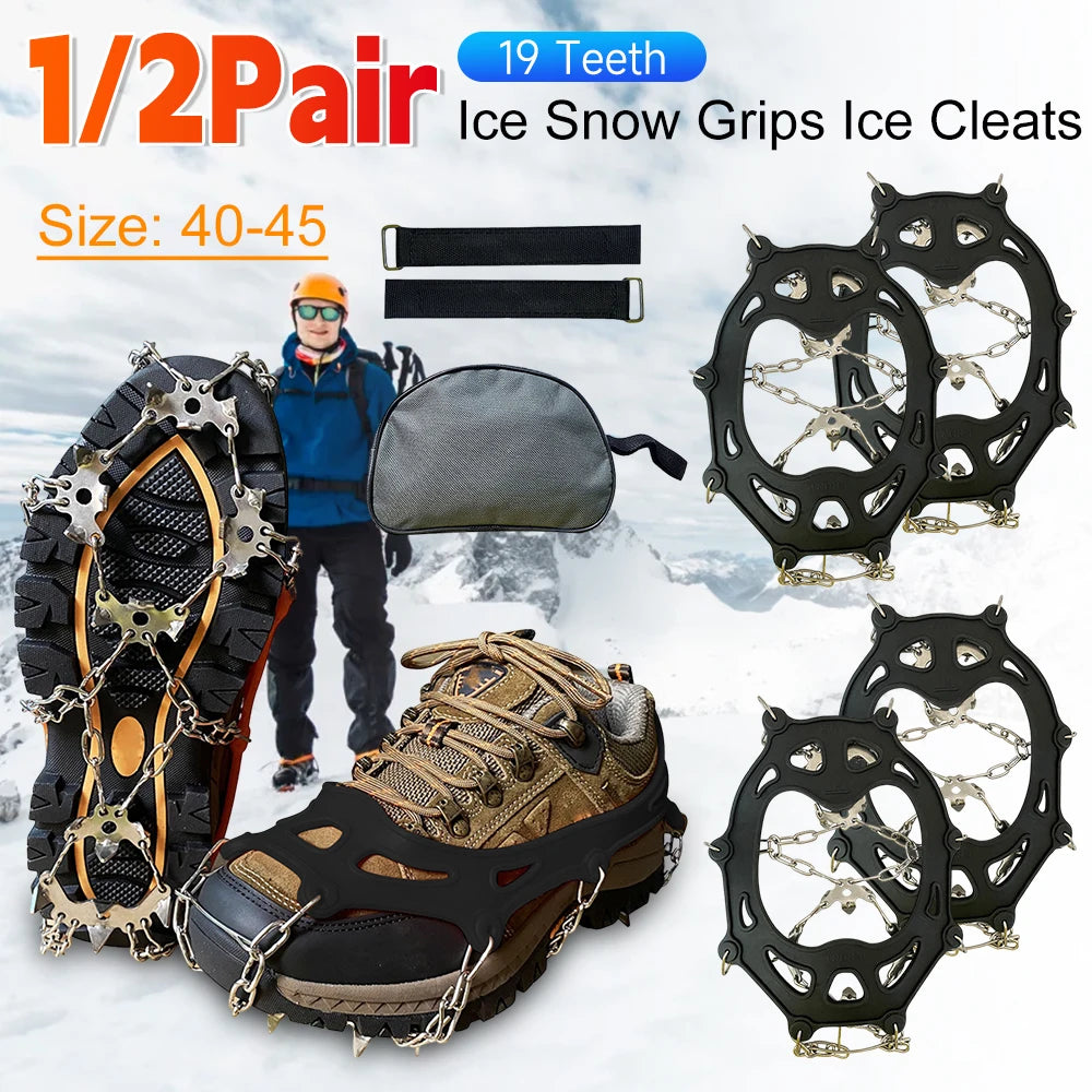 1/2Pair 19 Teeth Spikes Crampons Anti Slip Traction Ice Cleats Chain Claws Grips for Hiking Climbing Fishing Walking Shoes Boots