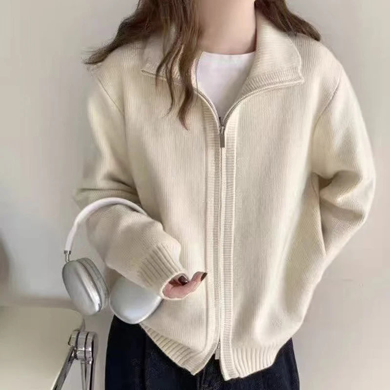 Fashion Double-zip Stand Collar Sweater Coat Women Solid Color Casual Knitted Cardigan Woman Korean Style Autumn Winter Sweater