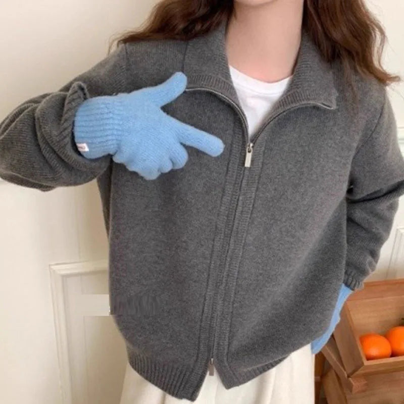 Fashion Double-zip Stand Collar Sweater Coat Women Solid Color Casual Knitted Cardigan Woman Korean Style Autumn Winter Sweater