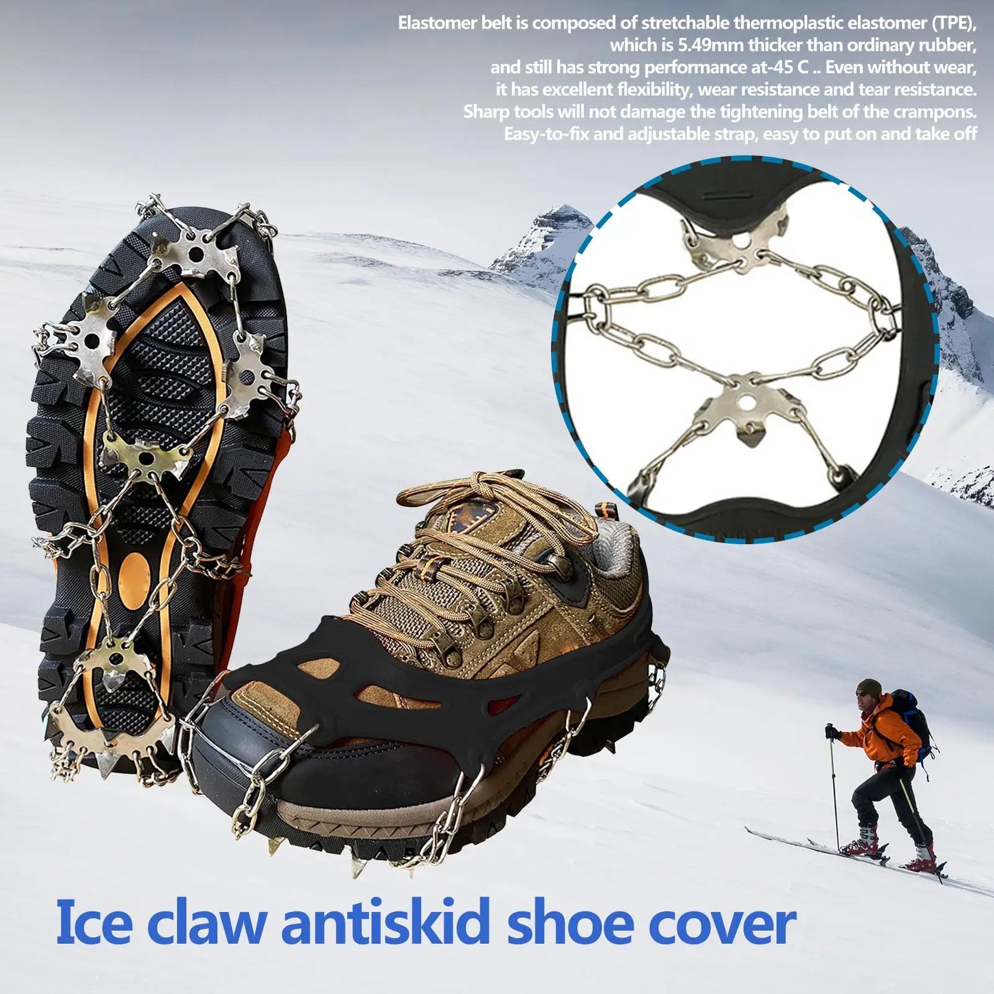 1/2Pair 19 Teeth Spikes Crampons Anti Slip Traction Ice Cleats Chain Claws Grips for Hiking Climbing Fishing Walking Shoes Boots