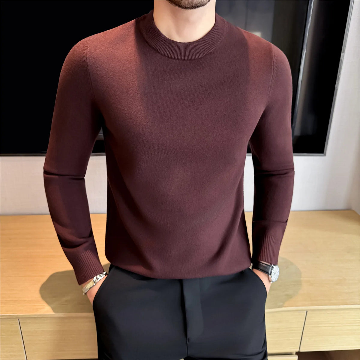 Men Knitted Sweater Winter Keep Warm Round-neck Pullover Solid Casual High Elastic Slim Fit Sweater High Quality Men Clothing