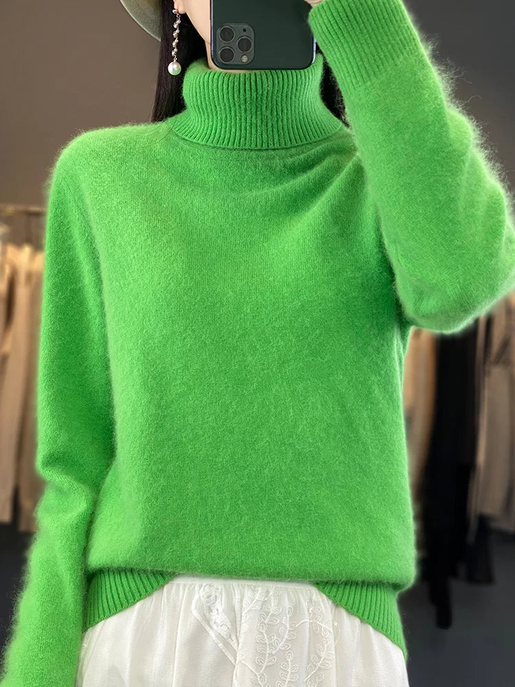 Basic Autumn Winter 100% Mink Cashmere Women Sweater Basic Bottoming Female Pullover Long Sleeve  Turn Down CollarKnitwear Tops