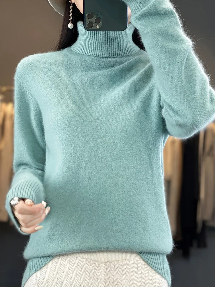 Basic Autumn Winter 100% Mink Cashmere Women Sweater Basic Bottoming Female Pullover Long Sleeve  Turn Down CollarKnitwear Tops